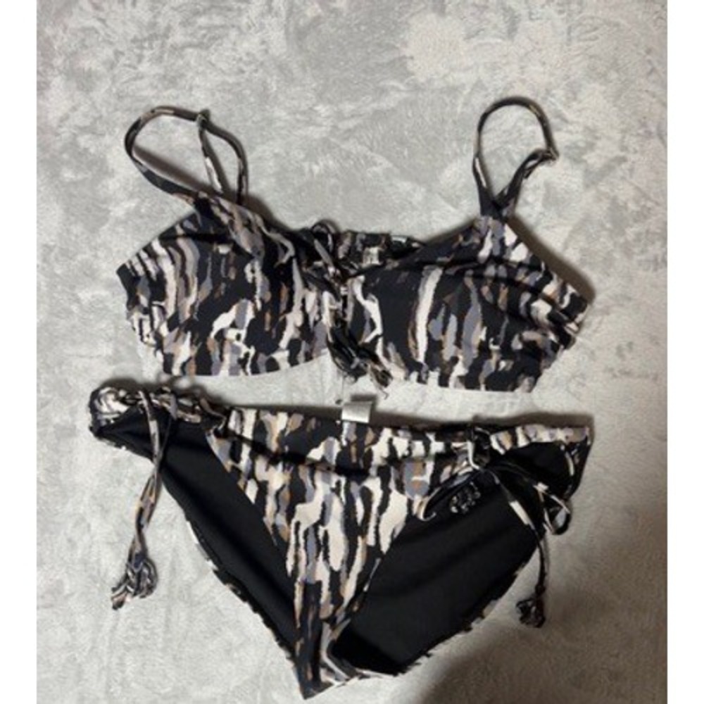 Swimsuits for All Bikini Set Black Grey Abstract Size 12 Top !8 Bottom Tassels